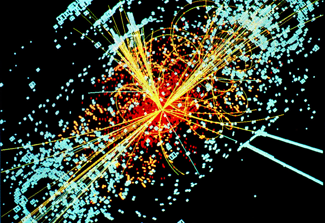 An example of simulated data as might be observed at a particle detector on the Large Hadron Collider. Here, following a collision of two protons, a Higgs boson is produced that decays into two jets of hadrons and two electrons. The lines represent the possible paths of particles produced by the proton-proton collision in the detector while the energy these particles deposit is shown in blue.